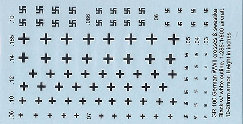 GR100 German WWII insignia. Black crosses with white outline, black swastikas. 1/300 aircraft, and 15/20mm armour.