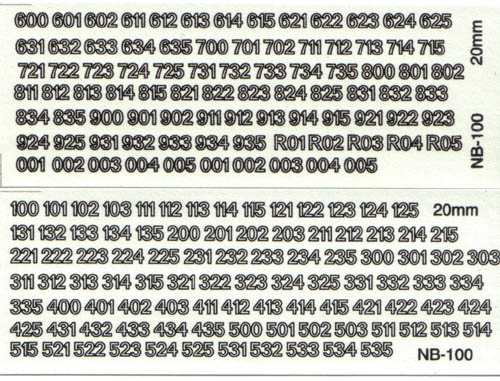 NB100 AFV Numbers, black outline, number sets for 100-935, 001-005 & R01-R05. Scale: 20mm.