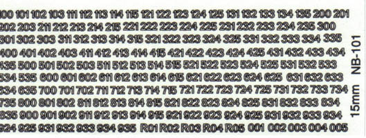 NB101 AFV Numbers, black outline, number sets for 100-935, 001-005 & R01-R05. Scale: 15mm.