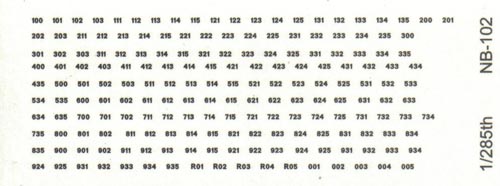 NB102 AFV Numbers, black outline, number sets for 100-935, 001-005 & R01-R05. Scale: 1/285, 1/300.