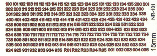 NR101 AFV Numbers, Red outline, number sets for 100-935, 001-005 & R01-R05. Scale: 15mm.
