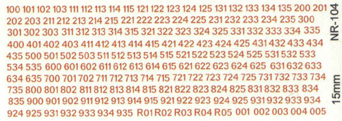 NR104 AFV Numbers, Red number white outline, number sets for 100-935, 001-005 & R01-R05. Scale: 15mm.