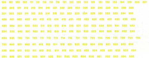 NY102 AFV Numbers, Yellow outline, number sets for 100-935, & R01-R05. Scale: 1/285, 1/300.